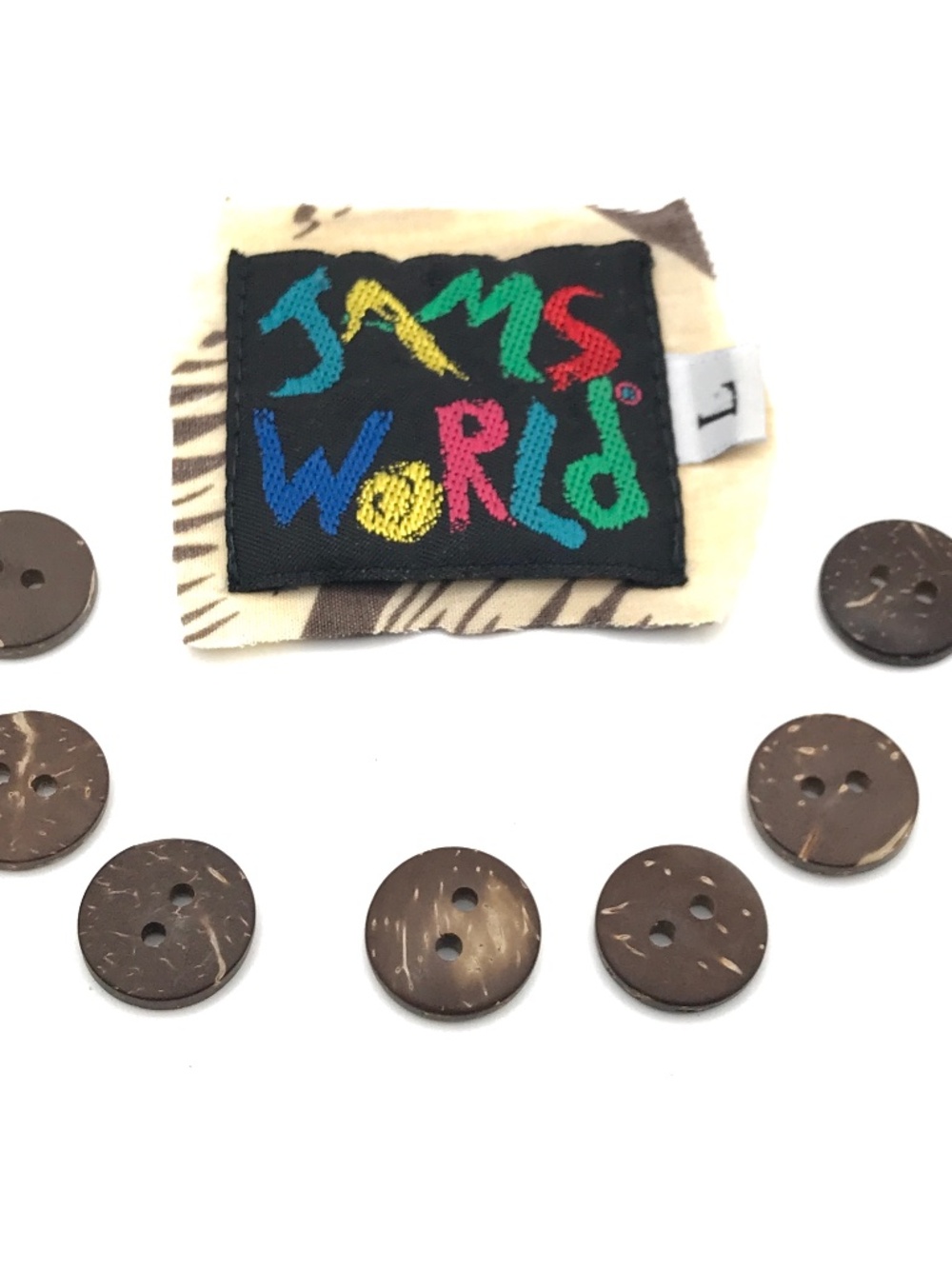 Jams World Tag Neck Label & 7 Wooden Buttons Vintage Hawaiian Lot